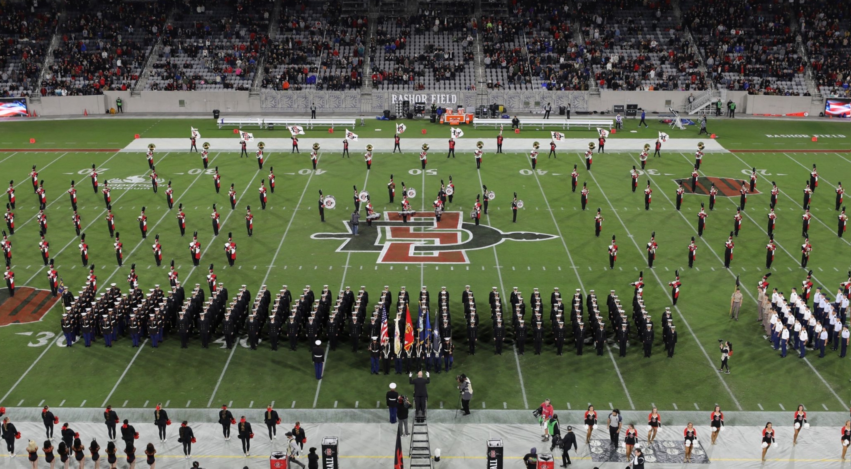 The joint ROTC formation awaits the playing of the National Anthem. (SDSU)