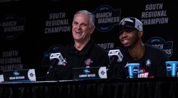 SDSU Head Coach Brian Dutcher and guard Lamont Butler Jr. during a press conference following Aztecs' win over Creighton to earn the university's first-ever trip to the Final Four. (SDSU)