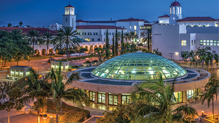 Aerial view of San Diego State University's Malcolm A. Love Library's green-tinted, 80-foot-wide rotunda.