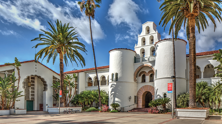 A photo of SDSU's Hepner Hall taken during the day
