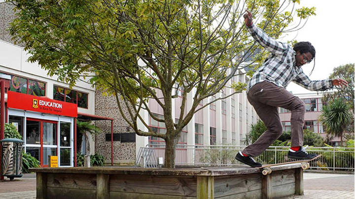 A skateboarder is in midair off the top of the wood planter enclosing a tree. He is wearing a long-sleeve checkered shirt and has both arms extended to his side. In the background is a thee-story building and a storefront sigh that reads education.