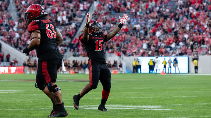 SDSU players celebrate on the field after a making play against Texas A&M-Commerce.