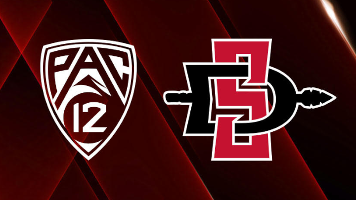 Image shows the Pac-12 shield on the left and the SDSU logo on the right.