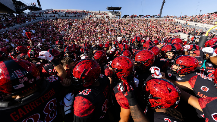 SDSU football players prepare to take the field during a game at Snapdragon Stadium