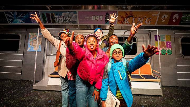 Photo showing 13-year-old Chicago Children’s Theatre actor Ian Thigpen alongside castmembers Brianna Buckley, Juwon Tyrel Perry, Livia Robin, Jake Ziman and De’Jah Perkins.