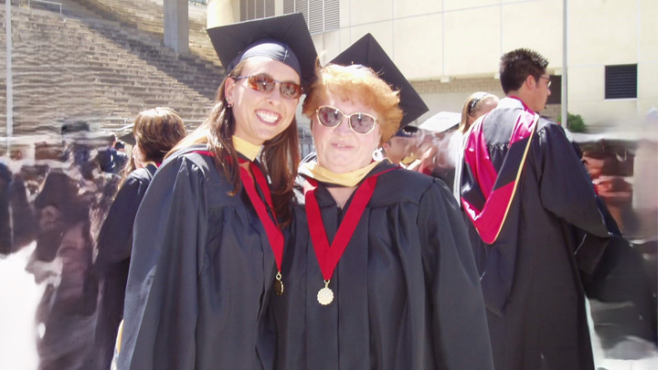 (L to R) Kimberly Giardina and Sally Mathiesen (professor emeritus 2019), SDSU 2004 commencement   