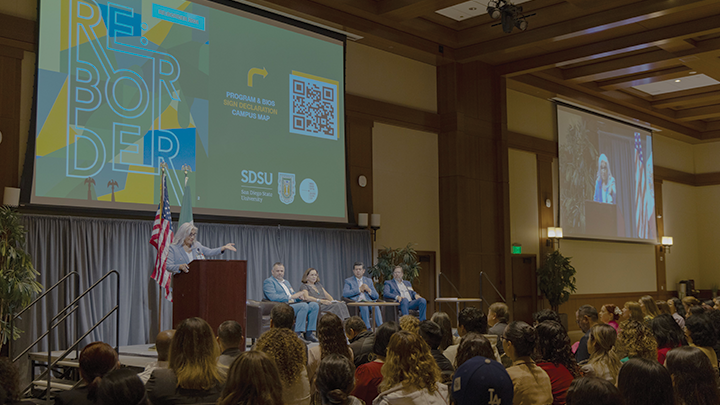 Cristina Alfaro, SDSU Associate Vice President of International Affairs, welcomes 800 attendees to campus for Re:Border 2024. (Photo: Scott Hargrove)