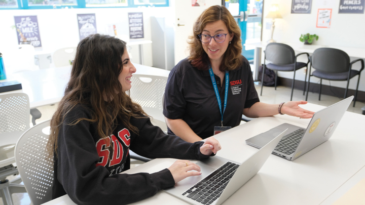 Rebecca Tedesco, PARC director and learning coach, works with a student in the PSFA Academic Resource Center (PARC).