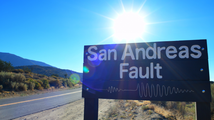 A sign pointing the way to the San Andreas Fault in Southern California (Courtesy: Adobe Stock).