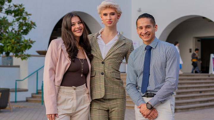 Ambra Costanza, Zachary Willmore and Cesar Lopez are photographed in SDSU's student union courtyard.