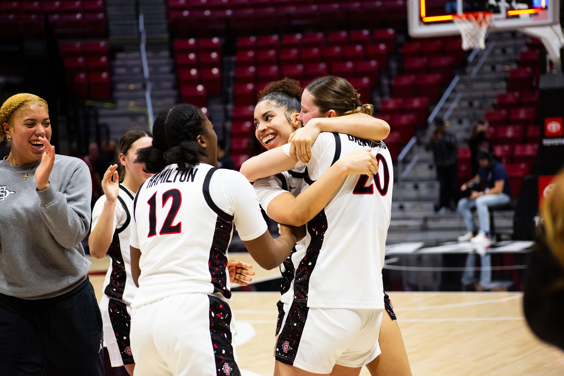 Aztecs celebrate a buzzer-beating shot for the win against UNLV at SDSU.