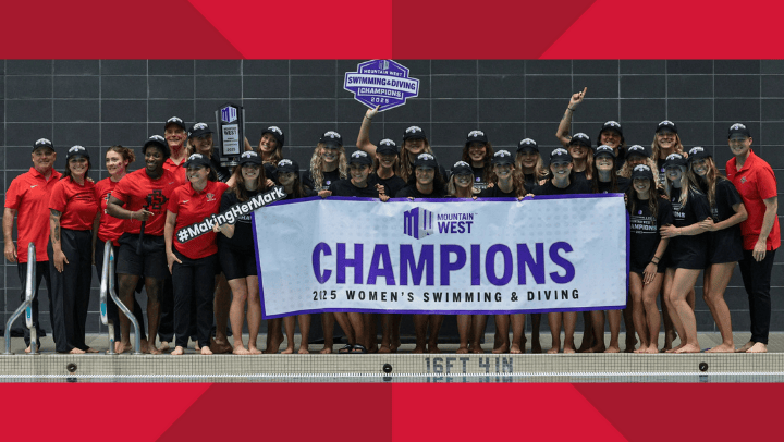 The swing and diving team celebrates their fourth consecutive conference title at the 2025 Mountain West Championships 