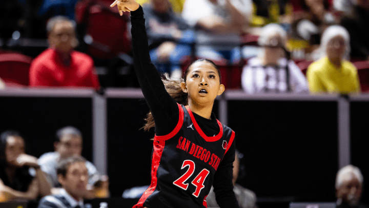 Naomi Panganiban admires a jump shot during the Mountain West Championship Game (Photo courtesy of Derrick Tuskan/SDSU Athletics).