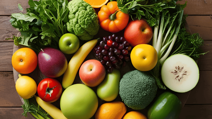 An array of fruits and vegetables displayed on a wood table.