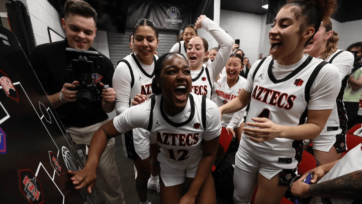 SDSU Women's Basketball players celebrate in the locker room