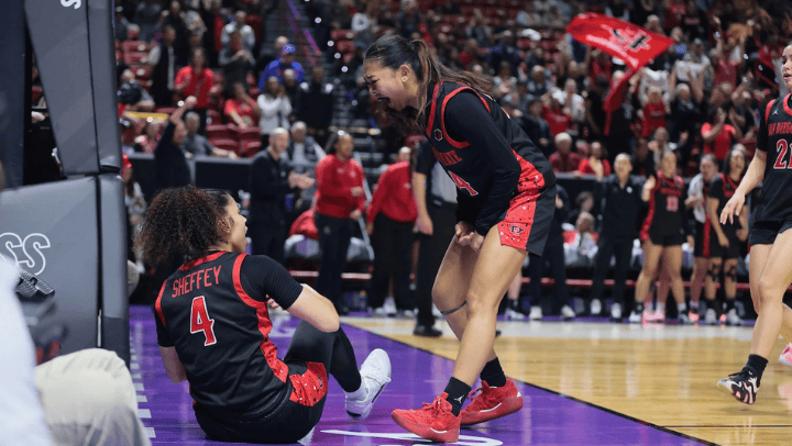 SDSU Women's Basketball players celebrate in the locker room