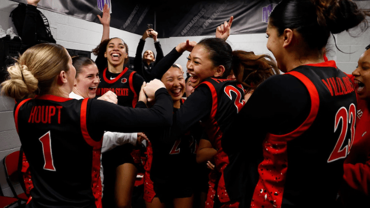 SDSU Women's Basketball players celebrate in the locker room