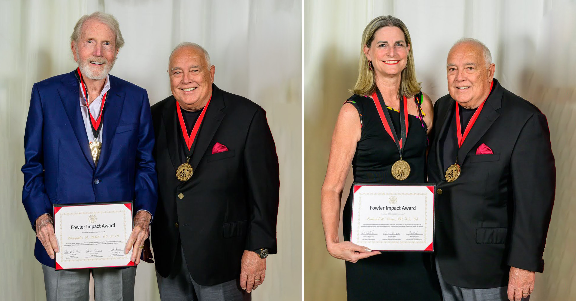 Two photographs of the same man posing with a man and a woman, both holding framed certificates with the words Fowler Impact Award. The woman is wearing a medal around her neck with a red and black ribbon.