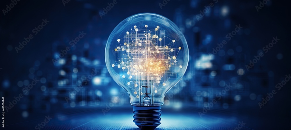 A computer-generated image of a clear light bulb with electronic circuitry inside it.