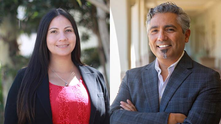 Posed photographs of two people, a woman with a red top and a man in a gray suit jacket and button-down shirt.